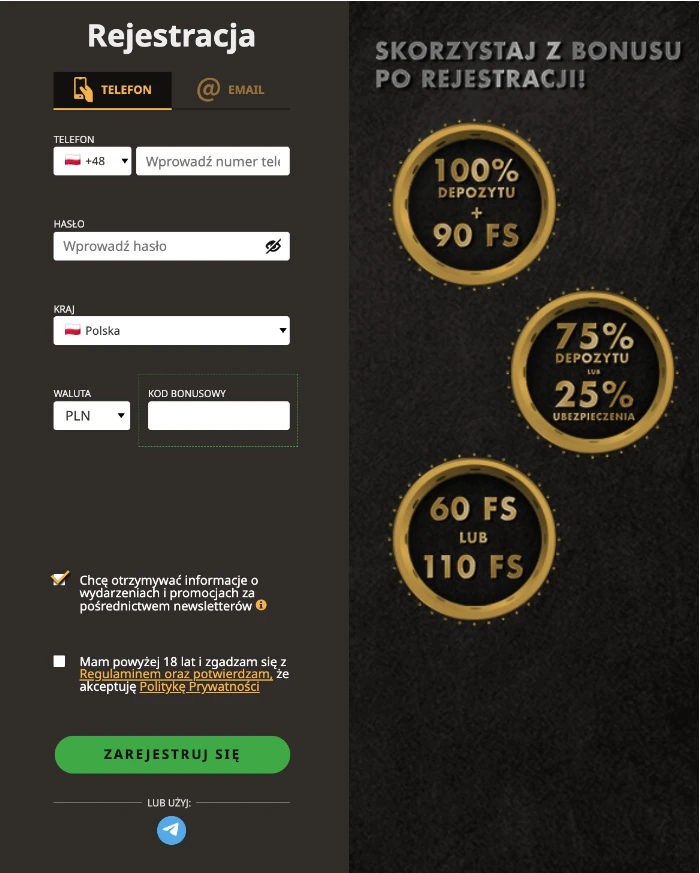 Formularz rejestracyjny w kasynie Play Fortuna