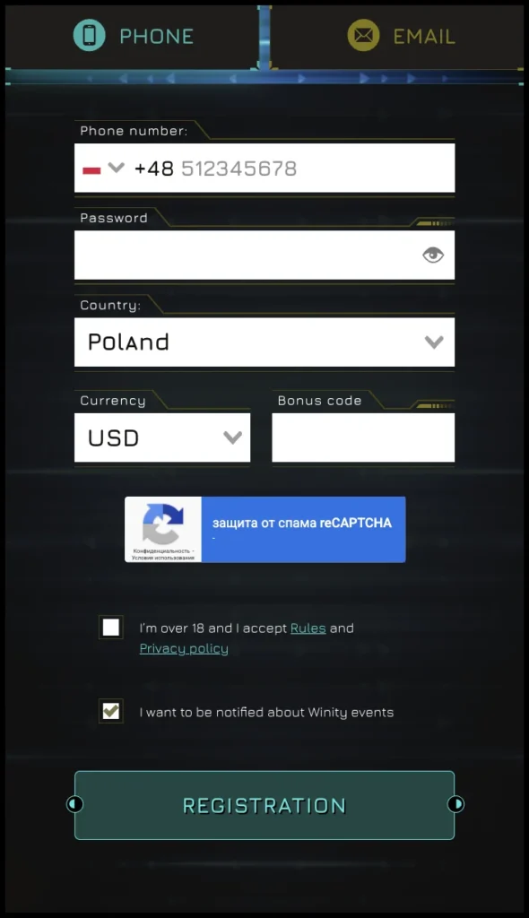 Formularz rejestracji w kasynie online Winity