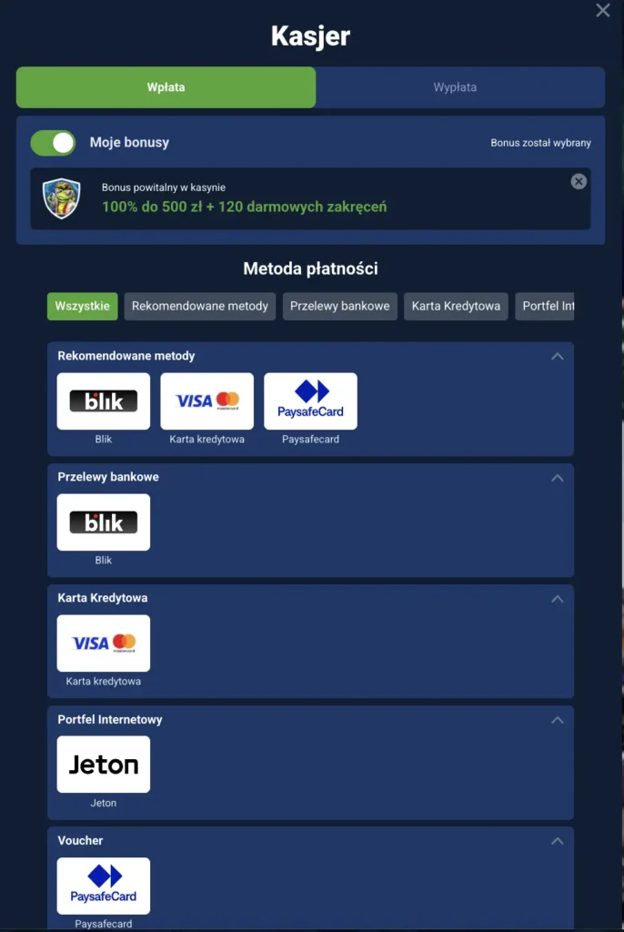 Zrzut ekranu przedstawiający sposoby doładowania konta w kasynie 20Bet