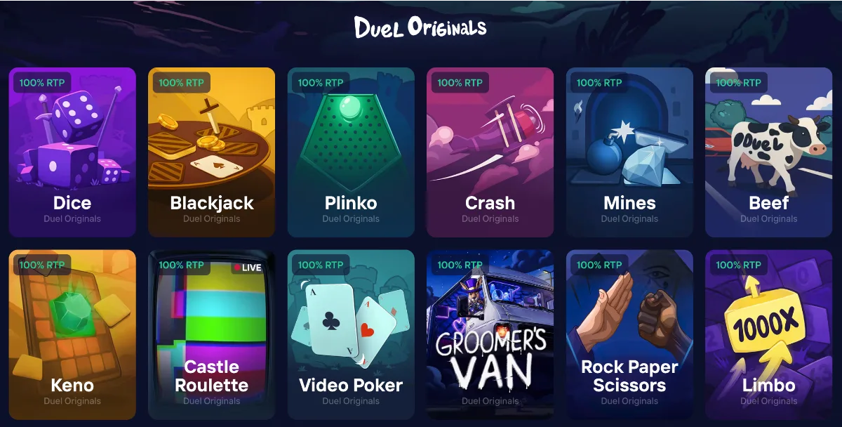Duel Originals: Limbo, Crash, Plinko, Mines i Reszta z Plakietką 100% RTP