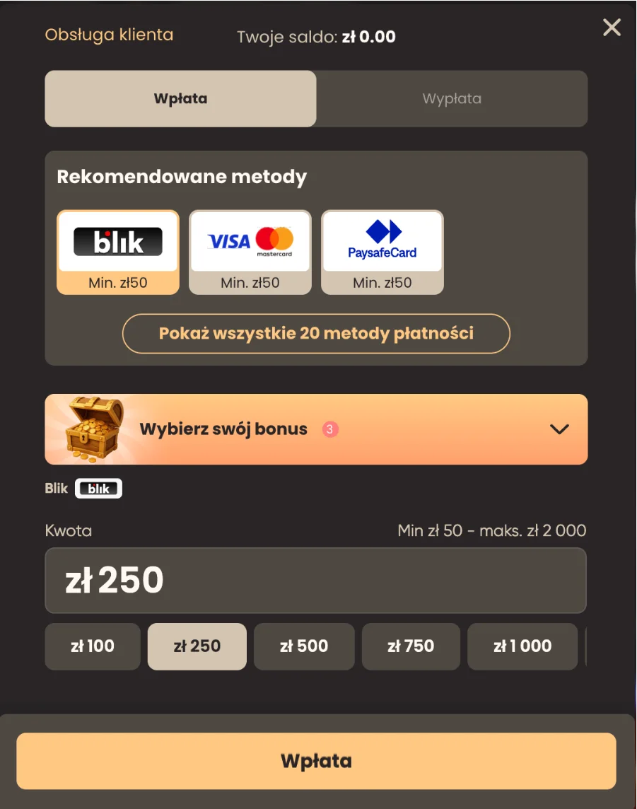 Wpłata za pomocą BLIK w National Casino