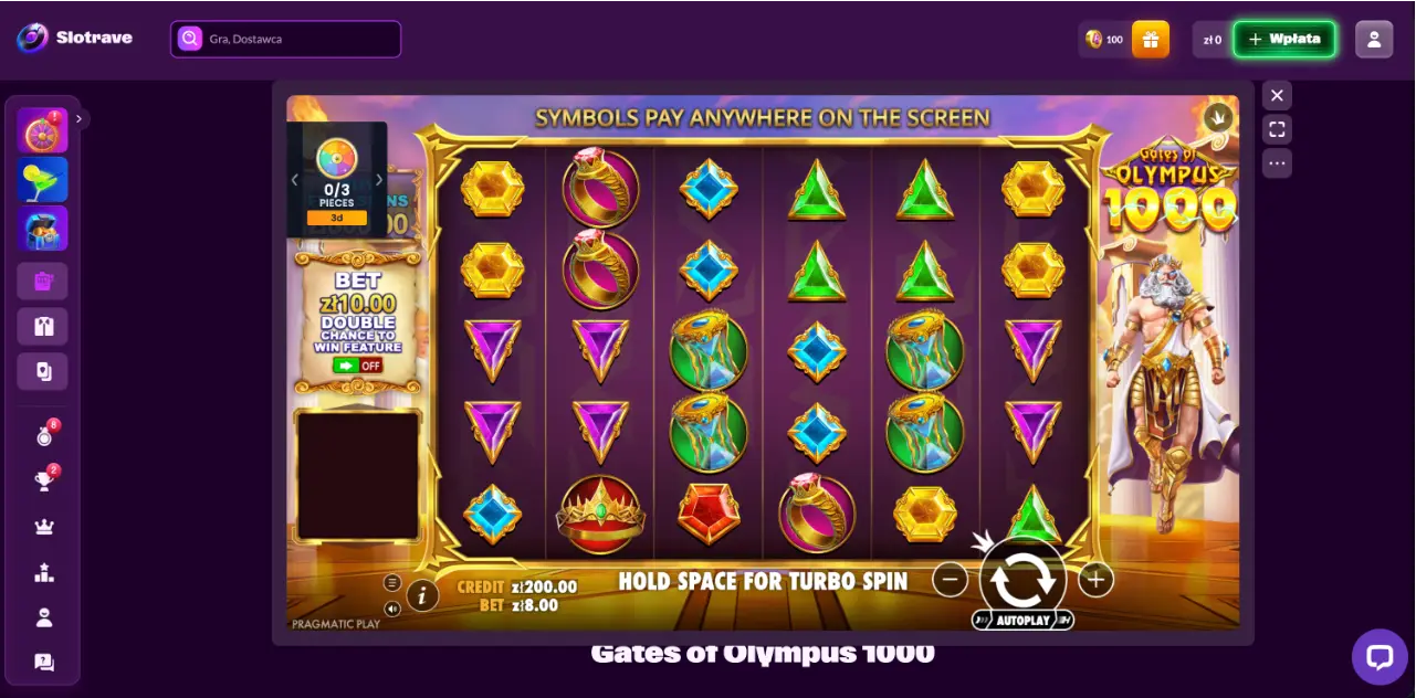 Test na prawdziwe pieniądze w kasynie online Slotrave, na automacie Gates of Olympus 1000