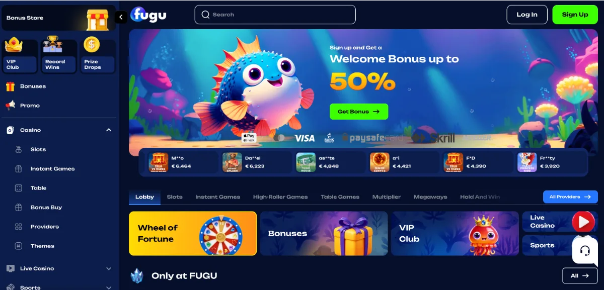 Lobby Fugu Casino z lewym menu, wyszukiwarką i banerem welcome