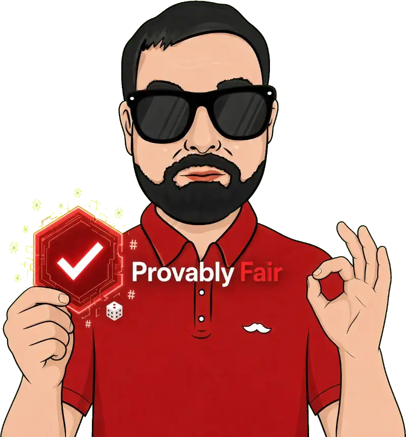 Mężczyzna w czerwonym polo trzyma świecącą odznakę Provably Fair ze znakiem potwierdzenia, obok kostka i symbole hash