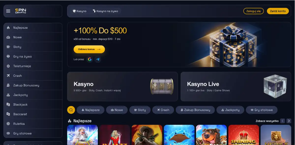 Lobby SpinCrypto po polsku z banerem +100% do $500